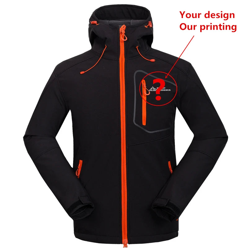 Customize LOGO Warm Fleece Hooded Softshell Jacket Men Windproof Mountain Climbing Hiking Clothing Waterproof Fishing Ski Coat