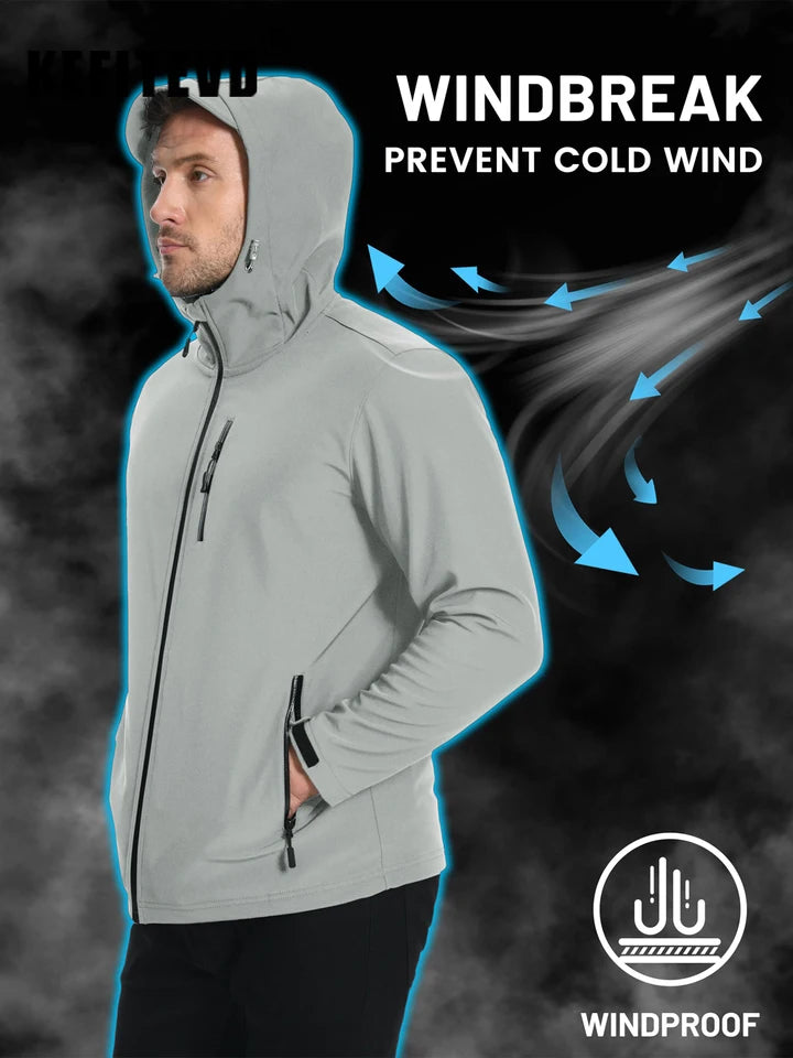 KEFITEVD Men’s Winter Lightweight Waterproof Fleece Lined Windbreaker Rain Jacket Hooded Softshell Jacket Outdoor Hiking Coat
