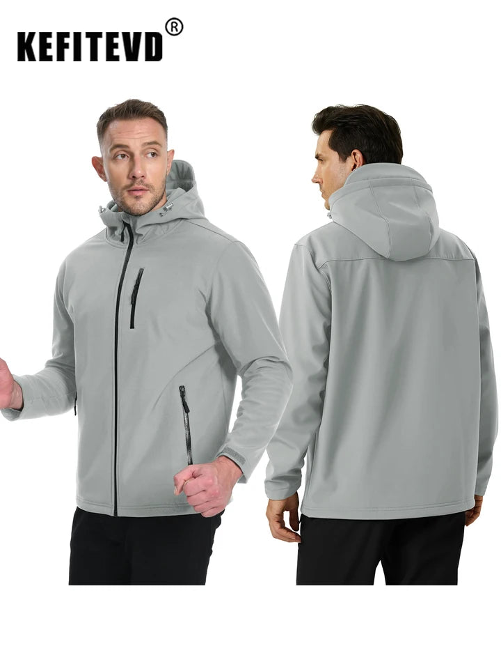KEFITEVD Men’s Winter Lightweight Waterproof Fleece Lined Windbreaker Rain Jacket Hooded Softshell Jacket Outdoor Hiking Coat