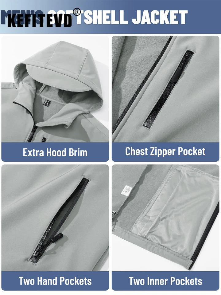 KEFITEVD Men’s Winter Lightweight Waterproof Fleece Lined Windbreaker Rain Jacket Hooded Softshell Jacket Outdoor Hiking Coat