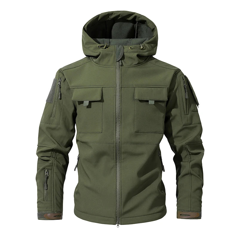 Men's Silent Soft Shell Camouflage Tactical Jacket Waterproof Warm Fleece Hunting Jackets Outdoor Hiking Fishing Hooded Coat