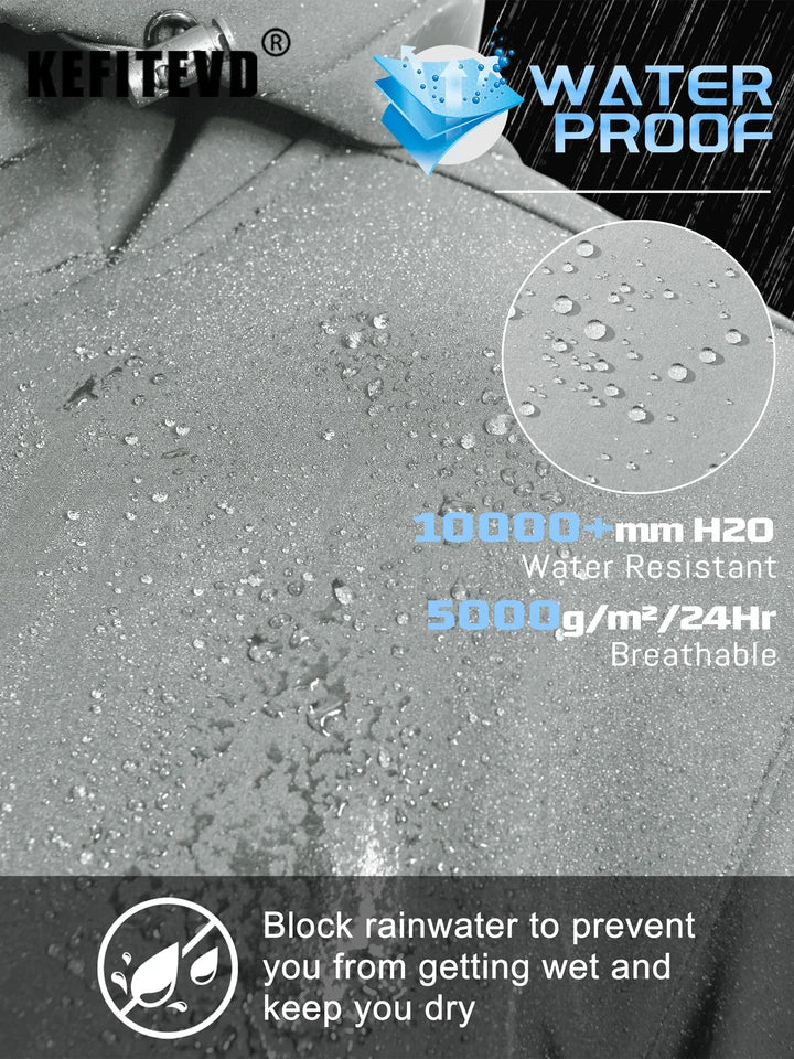 KEFITEVD Men’s Winter Lightweight Waterproof Fleece Lined Windbreaker Rain Jacket Hooded Softshell Jacket Outdoor Hiking Coat