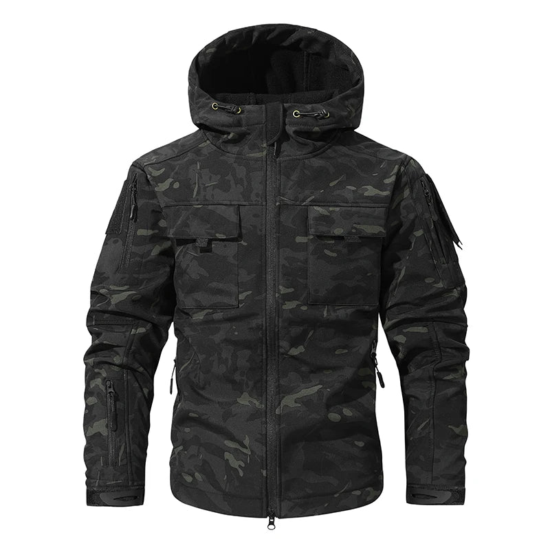 Men's Silent Soft Shell Camouflage Tactical Jacket Waterproof Warm Fleece Hunting Jackets Outdoor Hiking Fishing Hooded Coat