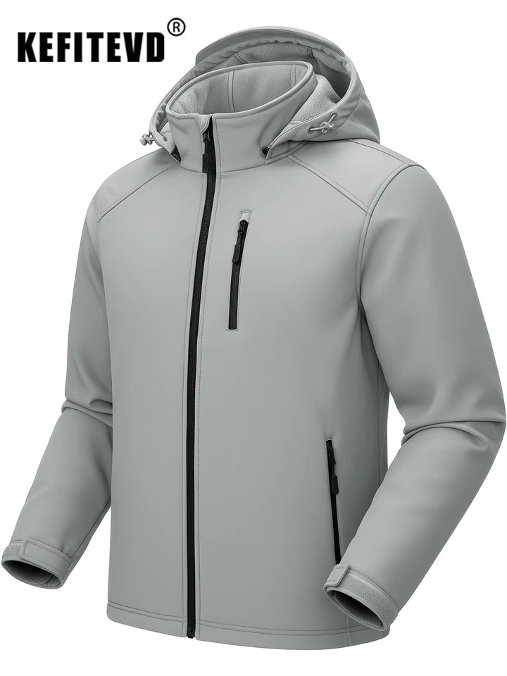 KEFITEVD Men’s Winter Lightweight Waterproof Fleece Lined Windbreaker Rain Jacket Hooded Softshell Jacket Outdoor Hiking Coat