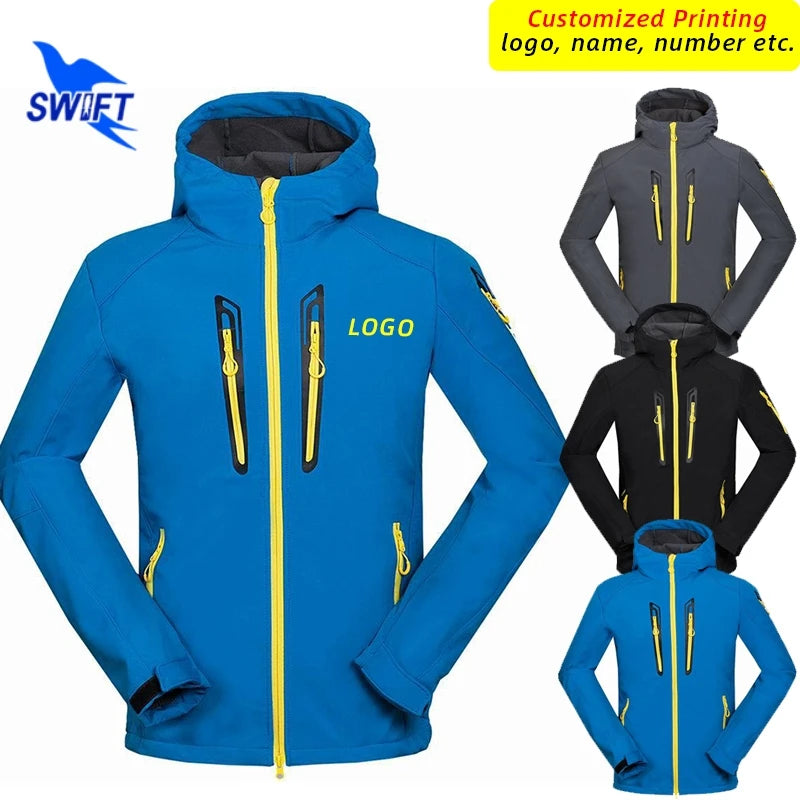 Customize LOGO Waterproof Windproof Hiking Clothing Warm Fleece Winter Hooded Softshell Jacket Men Skiing Fishing Hunting Coat