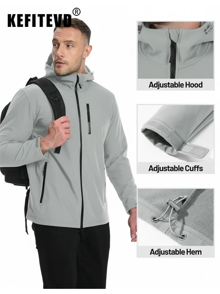 KEFITEVD Men’s Winter Lightweight Waterproof Fleece Lined Windbreaker Rain Jacket Hooded Softshell Jacket Outdoor Hiking Coat